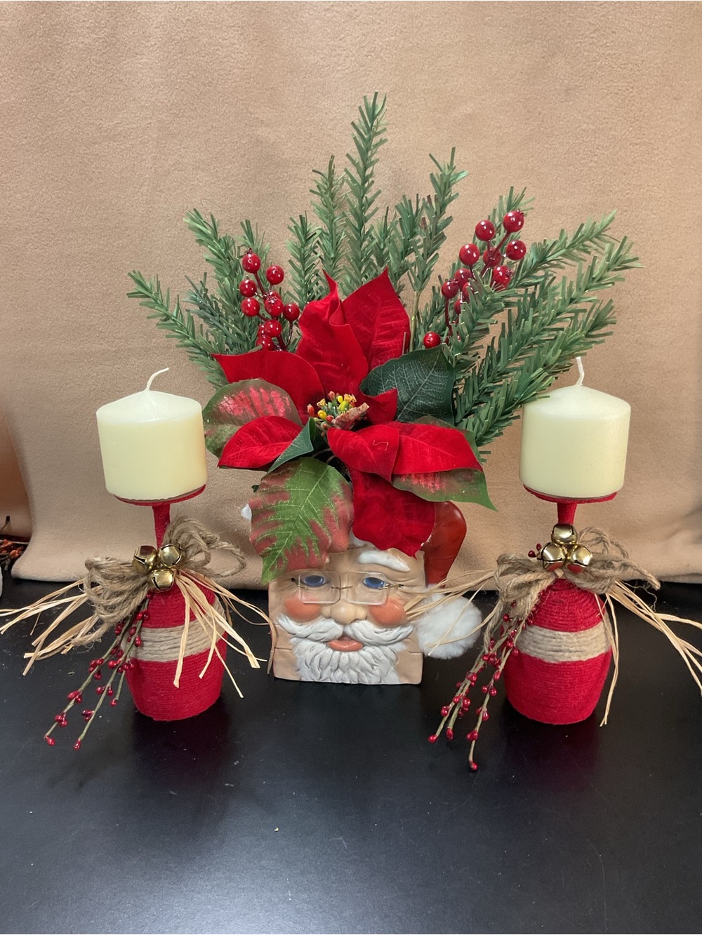 Festive Red Poinsettia Santa Floral Arrangement with Candle Holders for Christm